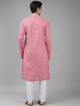 Men Pink And Gold Printed Thread Work Kurta With Pajama