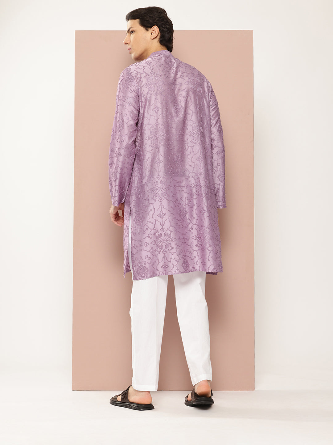 Men Lavender Embroidered Thread Work Chanderi Silk Straight Kurta