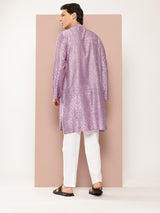 Men Lavender Embroidered Thread Work Chanderi Silk Straight Kurta