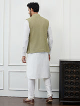 Men Khaki Color Woven Design Embroidery With Sequence Cotton Nehru Jacket