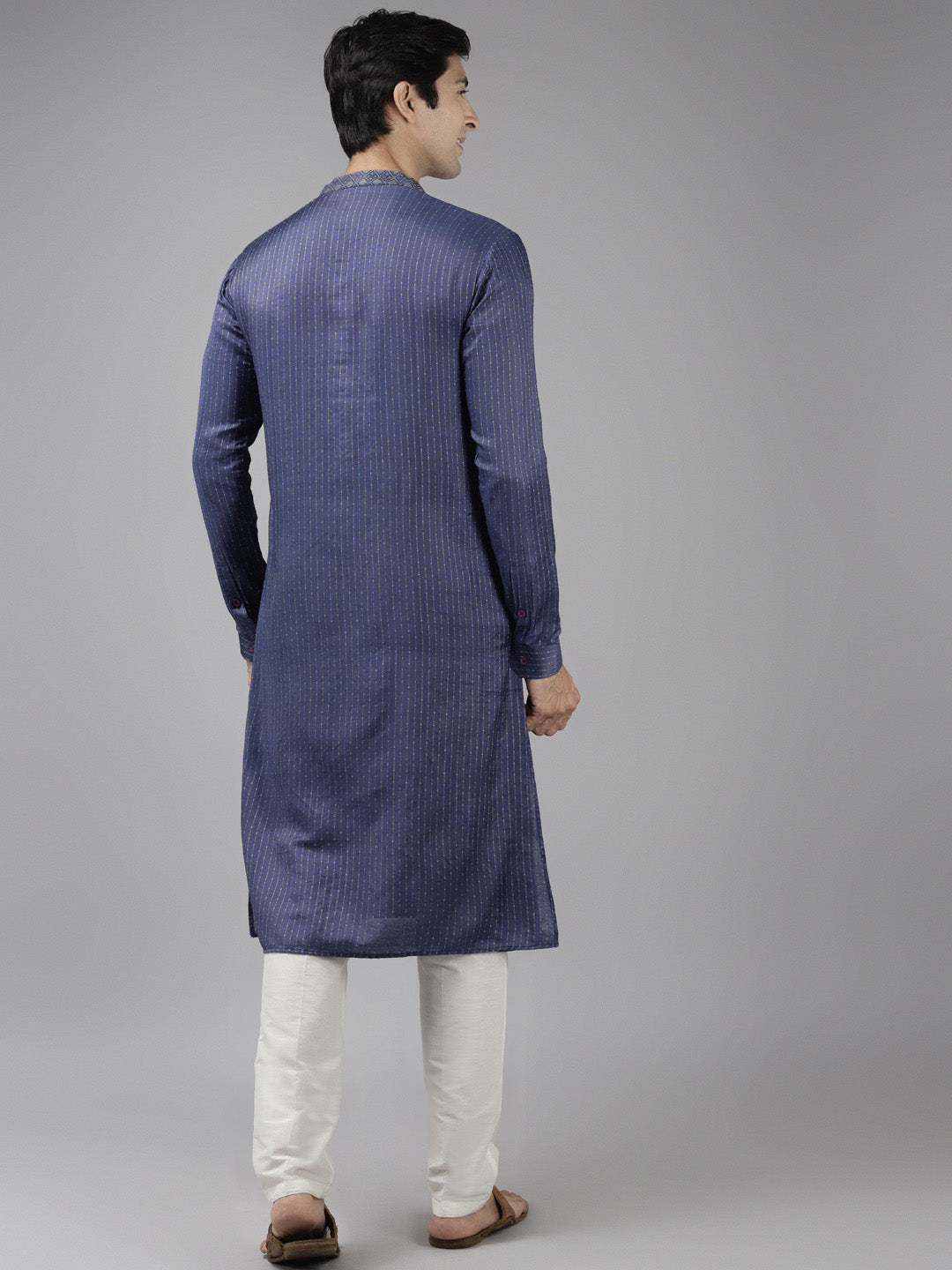 Men Purple & Beige Toned Woven Design Thread Work Kurta