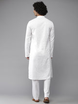 Men Crisp White with Leafy Embroidery Chikankari Straight Kurta With Pajama