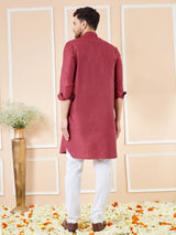 Men Maroon Cotton Solid Pathani Kurta