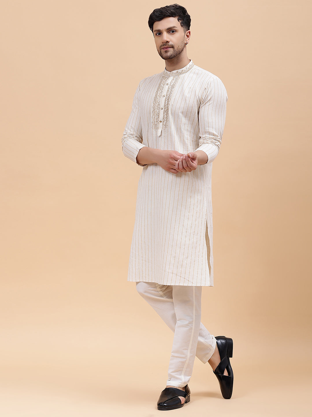 Men Beige & Gold Silk Woven Design Straight Kurta With pyjama