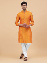 Men Orange and White Printed Kurta With pyjama