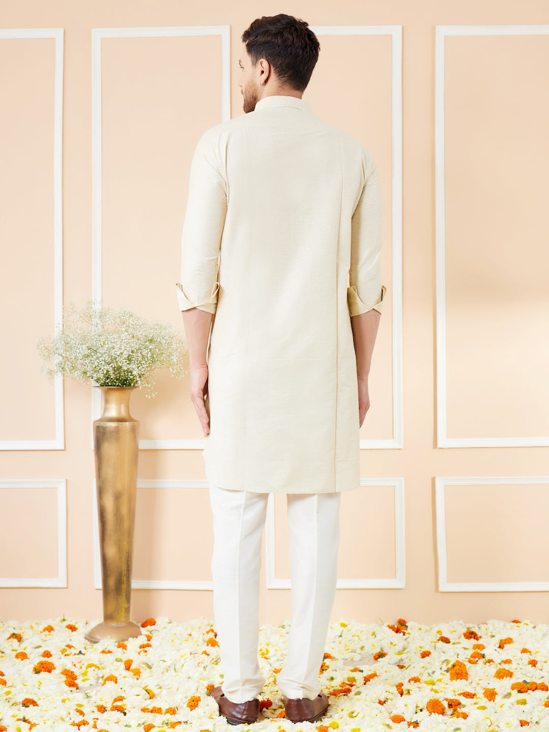 Men Cream Cotton Solid Pathani Kurta with Pyjama