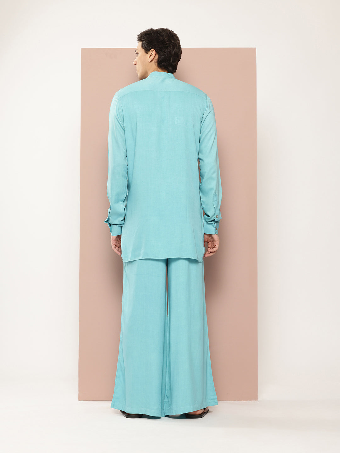 Men Turquoise Rayon Solid Pathani Sets