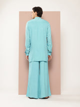 Men Turquoise Rayon Solid Pathani Sets