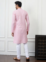 Men Pink And White Chikankari Embroidered Cotton Kurta