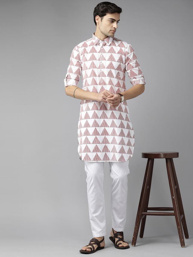 Men White Regular Pure Cotton Pathani Printed Men's Kurta