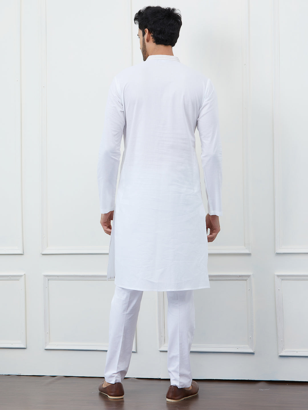 Men White with Golden Striped Kurta and Pajama