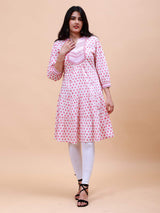 Women Pink And White Floral Yoke Design Embroidery Cotton Kurti