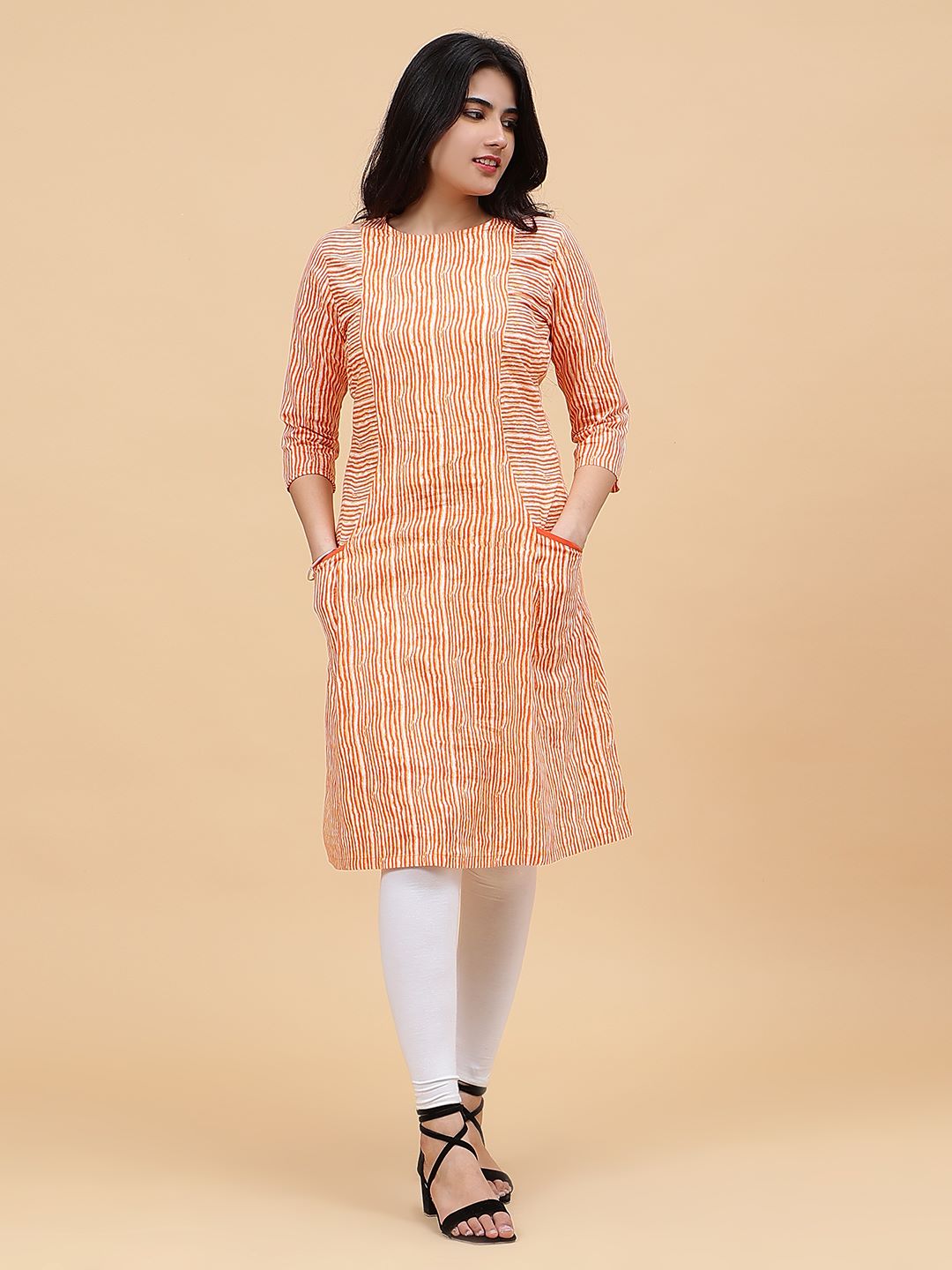 Women Orange And White Printed Cotton Kurti