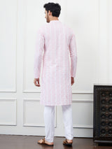 Men White & Pink Cotton Kurta With Chikankari Embroidered