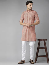 Men Peach Regular Pure Cotton Pathani Printed Men's Kurta