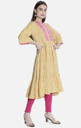 Women Mustard And Pink Printed Dress