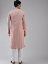 Men White & Peach-Coloured Printed Pure Cotton Straight Kurta With Pajama