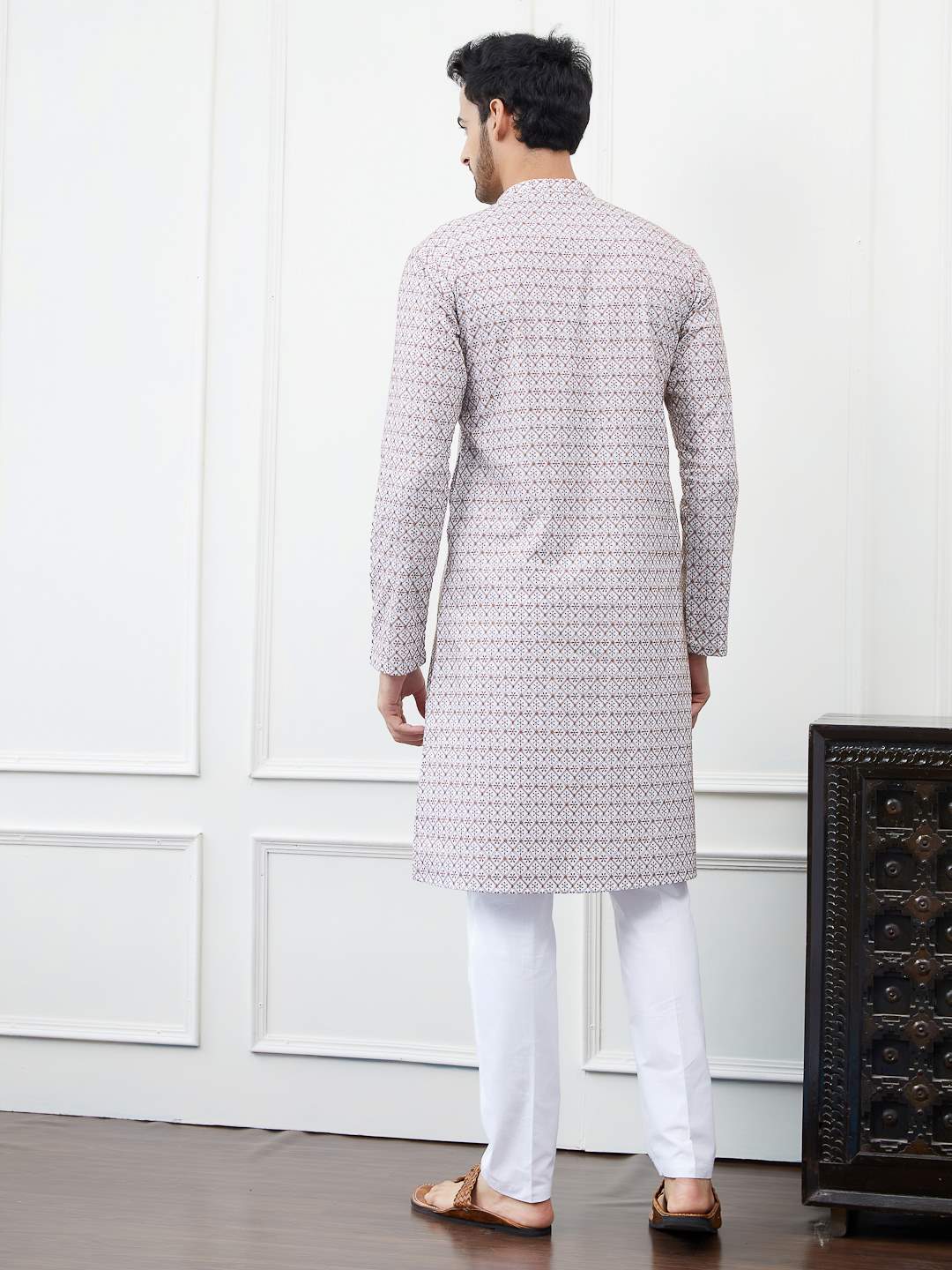 Men White and Bronze Pattern Chikankari Embroidered Cotton Kurta Set