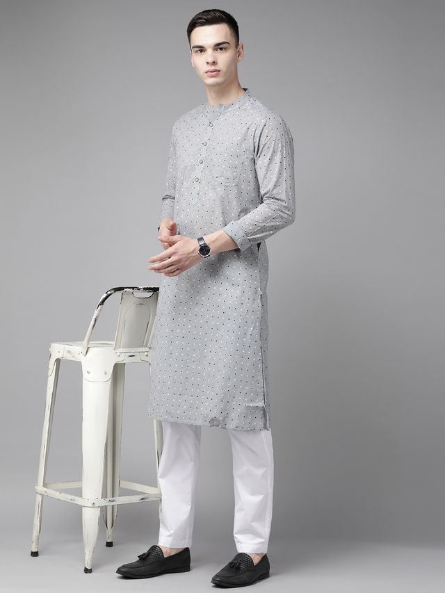 Men Grey & Gold Printed Straight Kurta With Pyjama