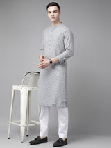 Men Grey & Gold Printed Straight Kurta With Pyjama