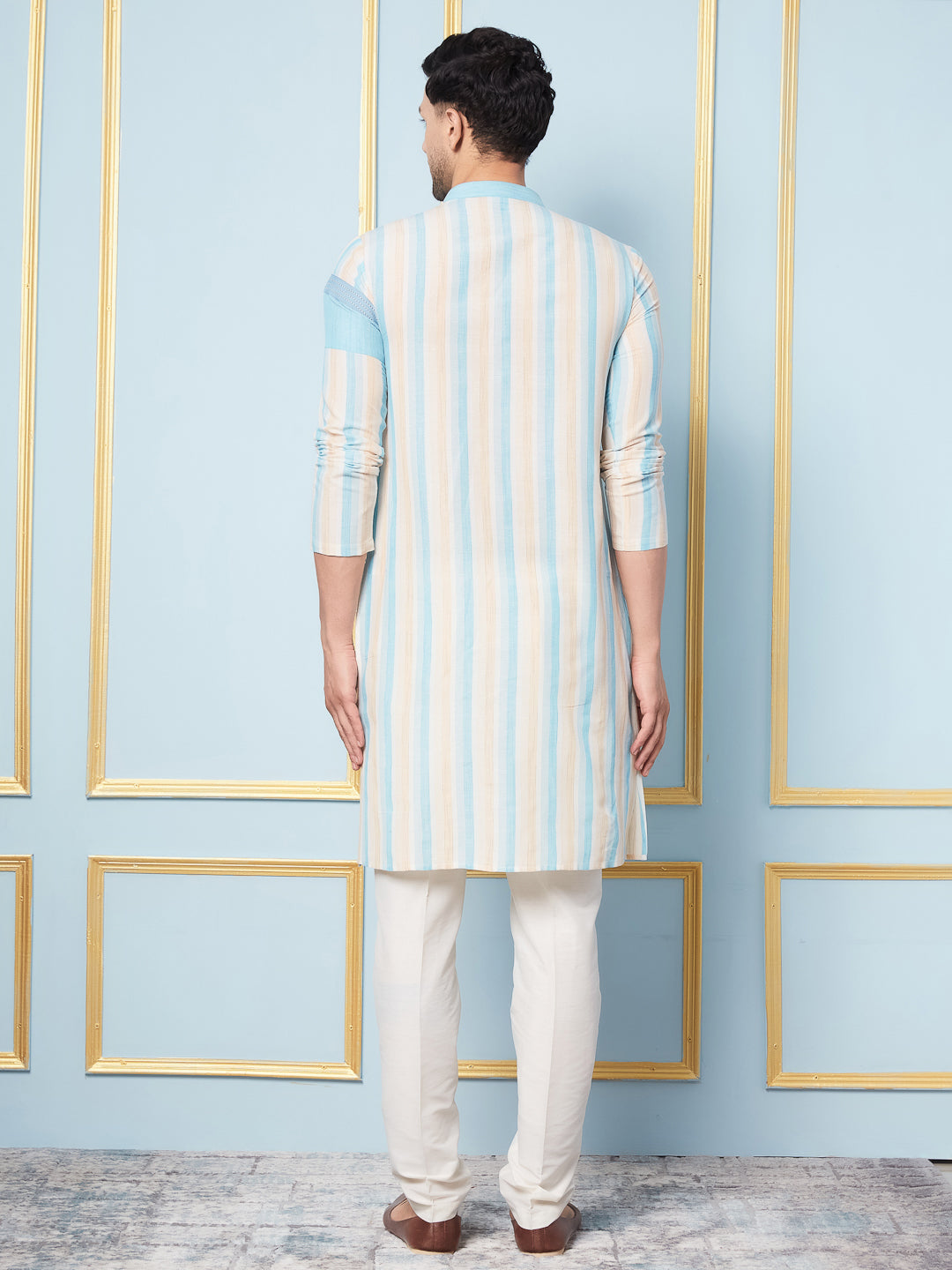 Men Off White and Turquoise Weaving Design Kurta With pyjama