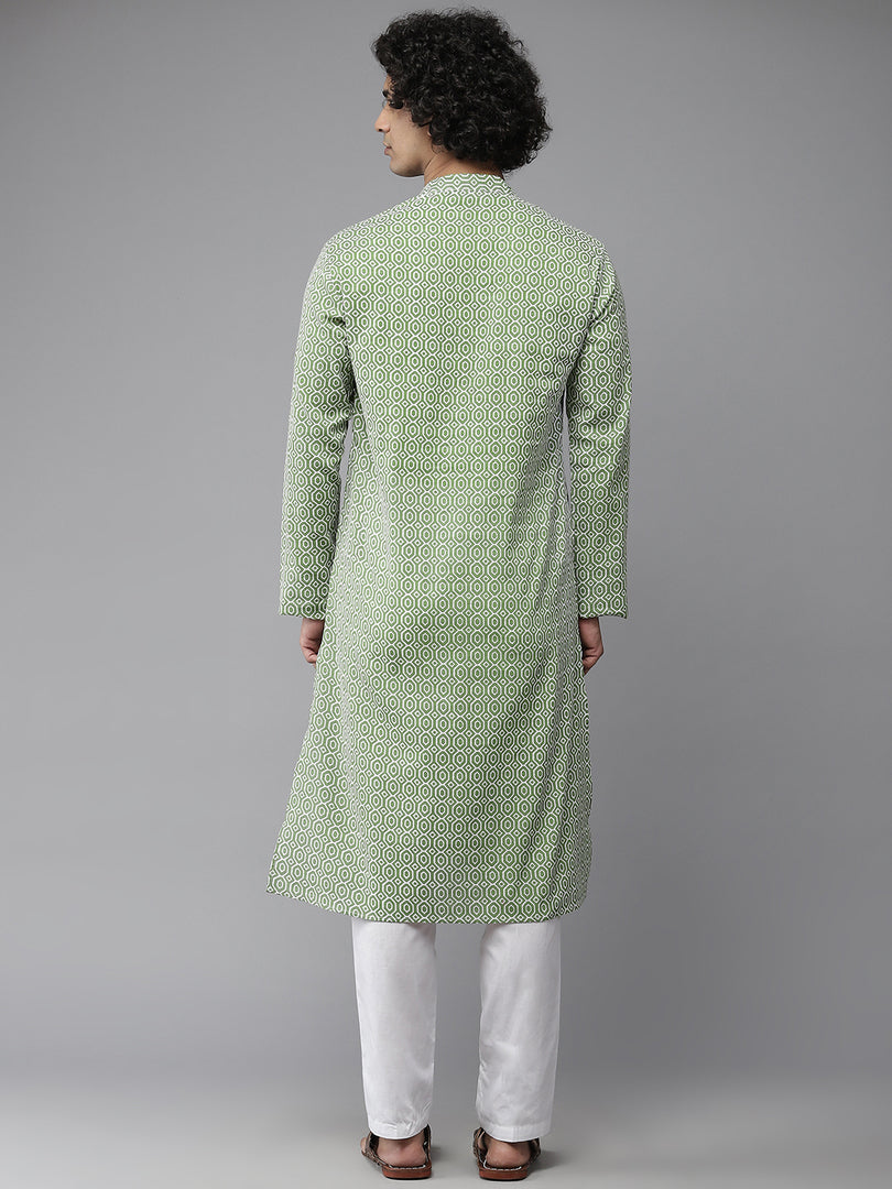 Men Green-Coloured & White Printed Pure Cotton Straight Kurta