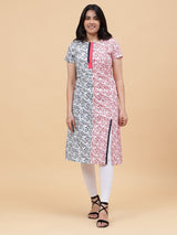 Women White with Navy Blue and Red Floral Pattern Printed Yoke Design Cotton Kurti