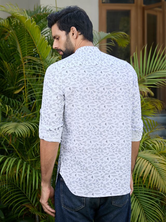 White Geometric Printed Rayon Short Kurta