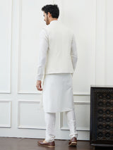 Men Off White Color Woven Design Embroidery With Sequence Cotton Nehru Jacket