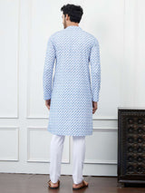 Men White with Blue Mesh Pattern Chikankari Embroidered Cotton Kurta Set