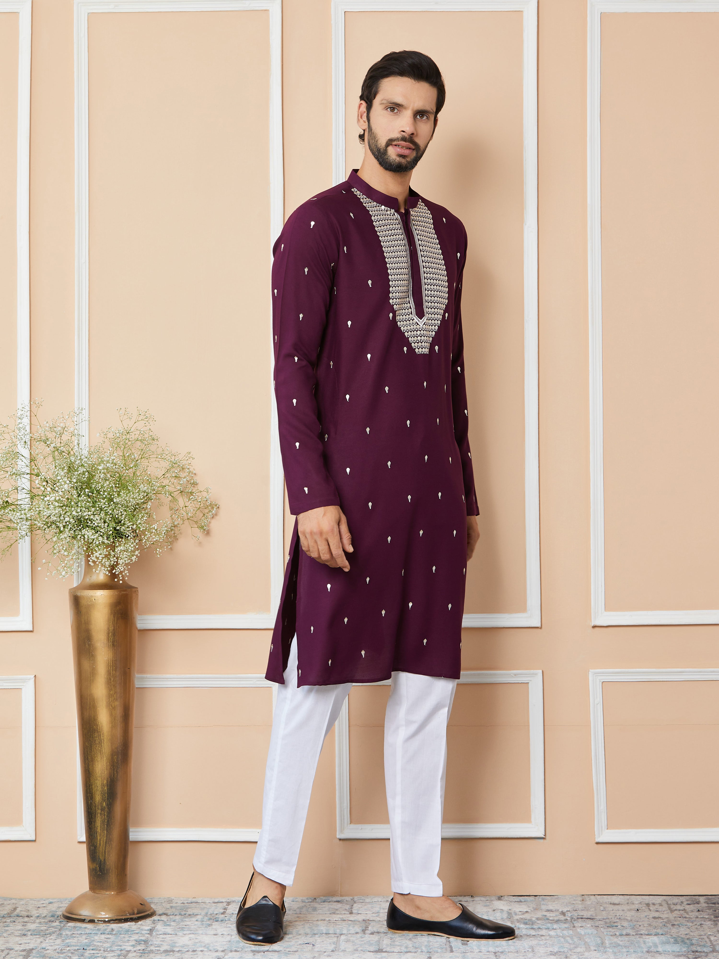 Purple Sequins Embroidered Rayon Straight Kurta with Yoke Design and Pyjama