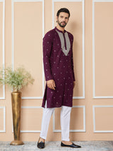Purple Sequins Embroidered Rayon Straight Kurta with Yoke Design and Pyjama