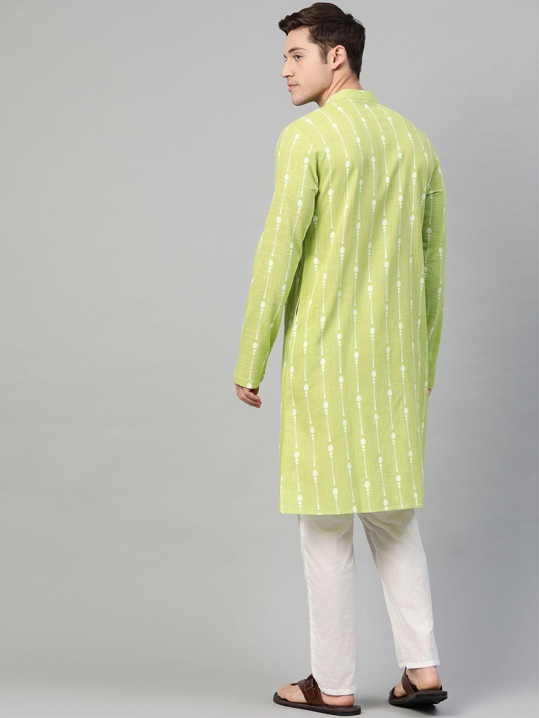 Lime Green & White Printed Straight Kurta With Pajama