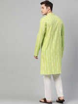 Lime Green & White Printed Straight Kurta With Pajama