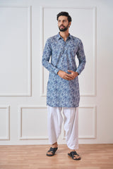 Riwaat.com Men Blue Regular Pure Cotton Pathani Kurta Riwaat Floral Pathani