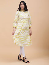 Women Yellow And White Floral Printed Cotton Kurti