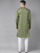 Riwaat.com Men Green & Gold Stripe Printed Straight Kurta With Pajama Riwaat Mehendi Printed