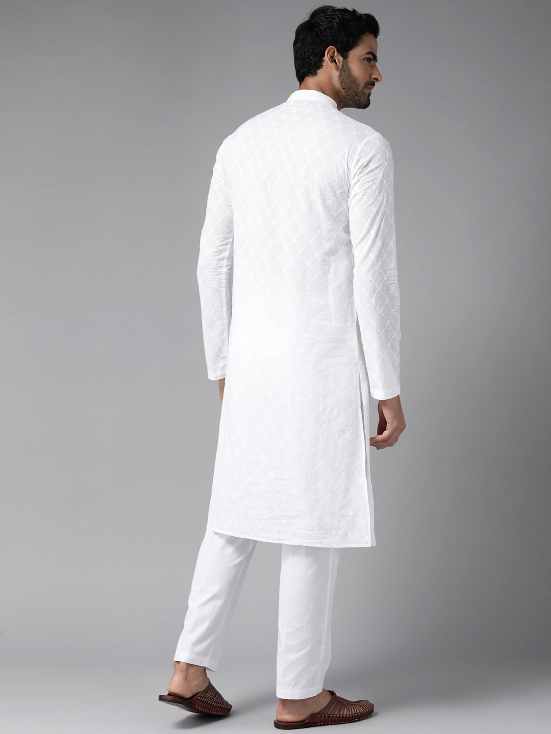 Men White Ivory Impressions Chikankari Embroidered Straight Kurta