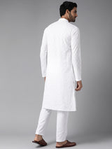 Men White Ivory Impressions Chikankari Embroidered Straight Kurta