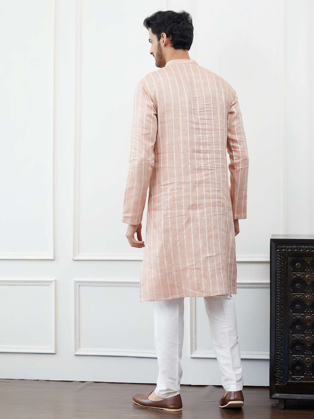 Men Peach with White Stripes Thread Work Cotton Kurta Set