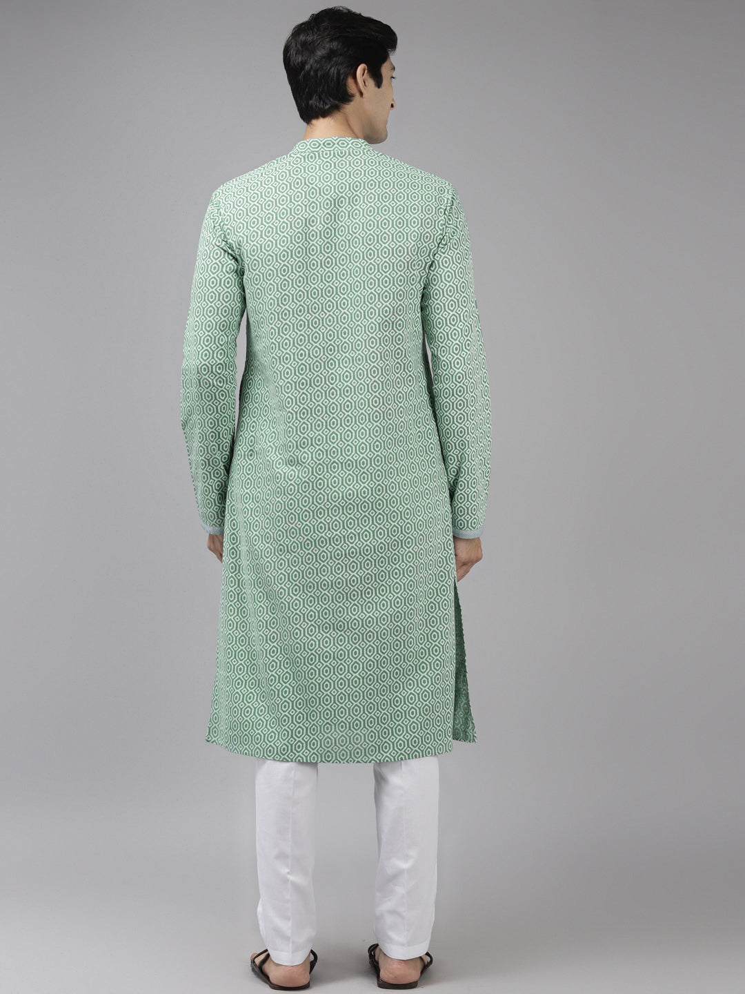 Men White & Green Printed Pure Cotton Straight Kurta With Pajama