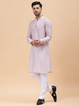 Men Pink Zari Work Silk Woven Design Straight Kurta With pyjama