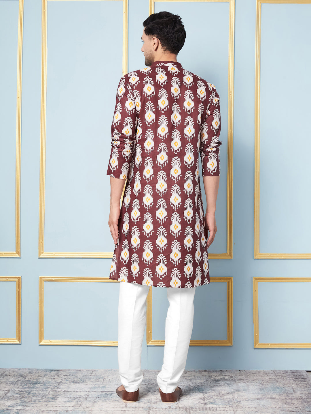 Men Maroon,Mustard and White Printed Kurta With pyjama