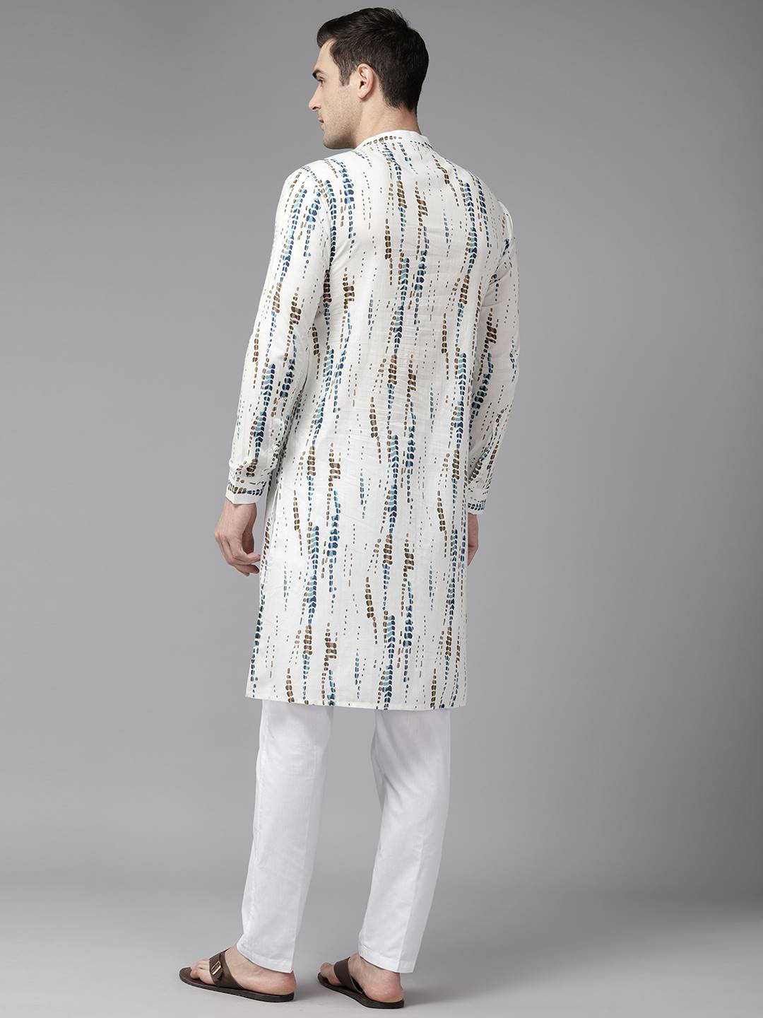 Men White with Blue and Brown Pure Cotton Printed Straight Kurta With Pajama