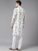 Men White with Blue and Brown Pure Cotton Printed Straight Kurta With Pajama