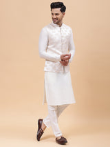 Men Off White Kurta Pajama & Elegant Woven Floral Pattern Jacquard Nehru jacket