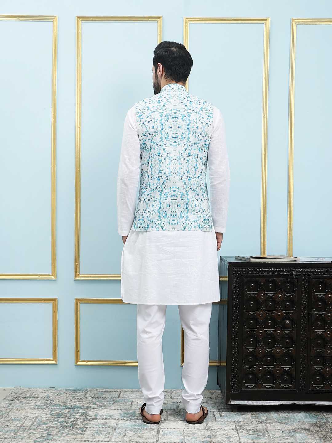 Men Aqua Prism Digital Print Cotton Nehru Jacket