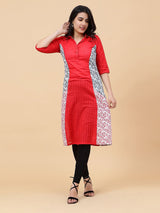 Women Red Princess Panel Side Floral Print Cotton Kurti