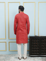 Riwaat.com Men Red & Gold Thread Work Cotton Silk Kurta Riwaat Embroidered