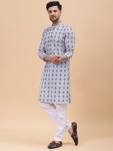Men Off White & Blue Pure Cotton Embroidered Straight Kurta With pyjama